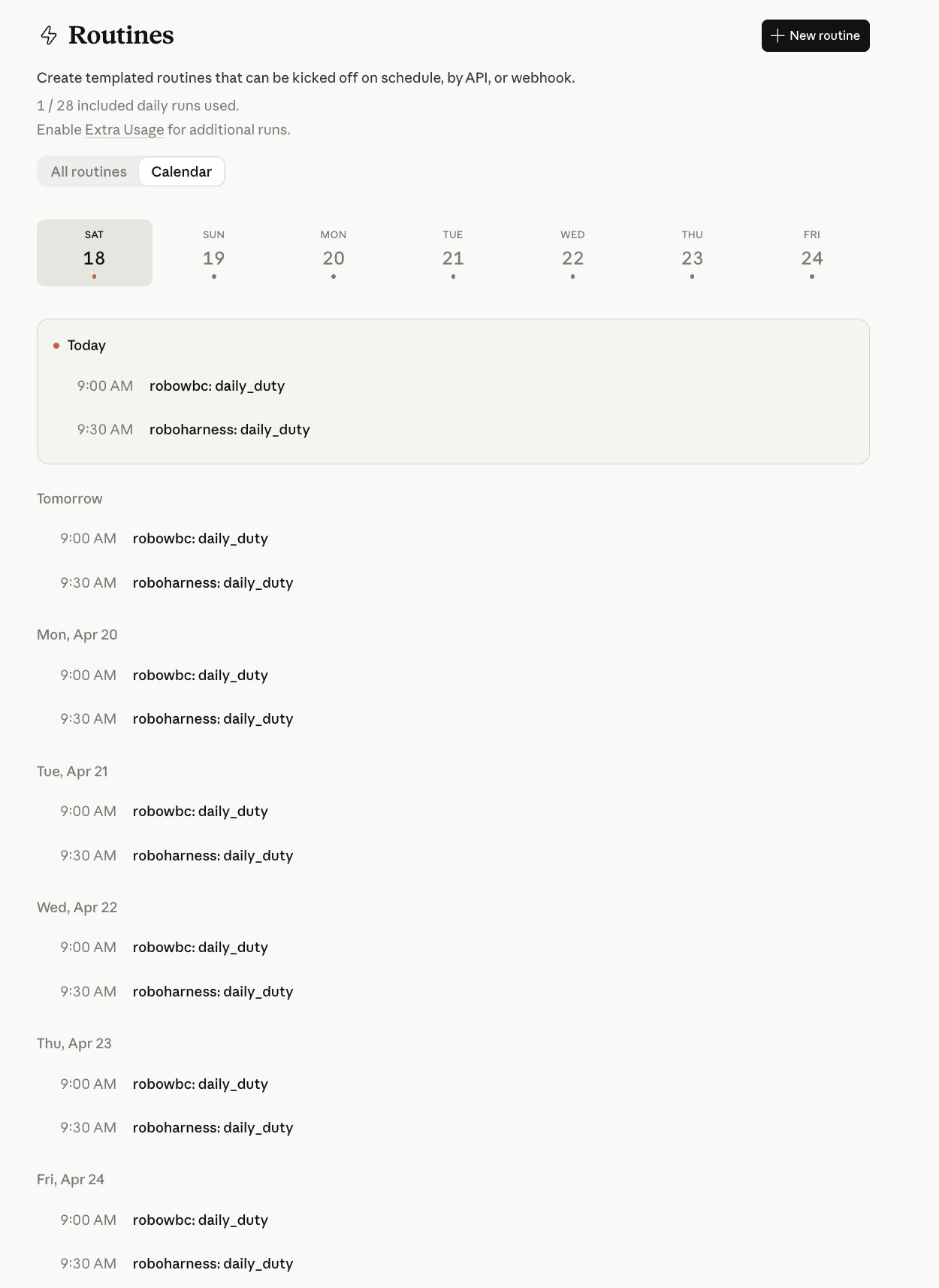 Routines 日历视图 - 每天 9:00/9:30 两个 daily_duty 错峰运行