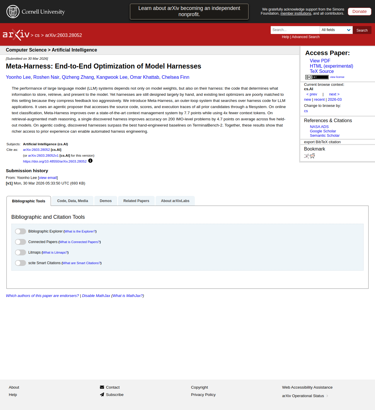 Stanford Meta-Harness paper · arxiv 2603.28052