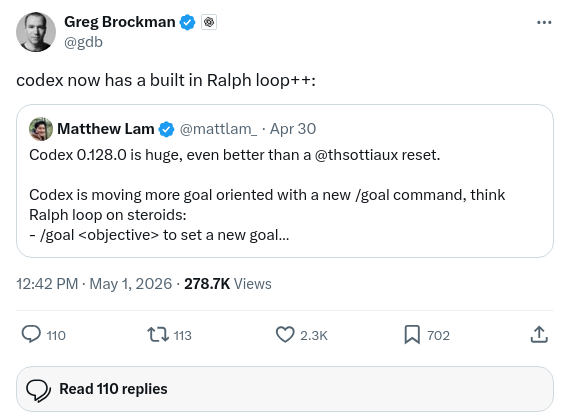 Greg Brockman: codex now has a built in Ralph loop++